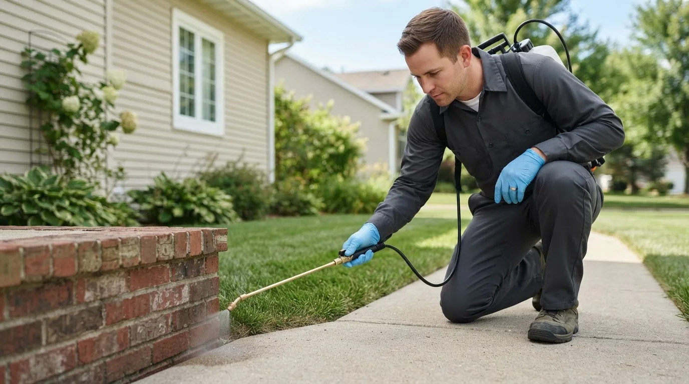 Pest control technician treating a home near Casnovia, MI