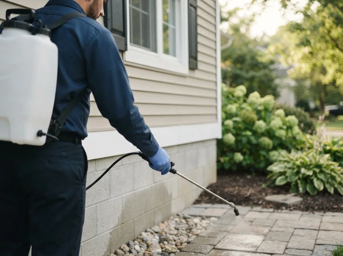 Pest control technician inspecting a home in Casnovia, MI